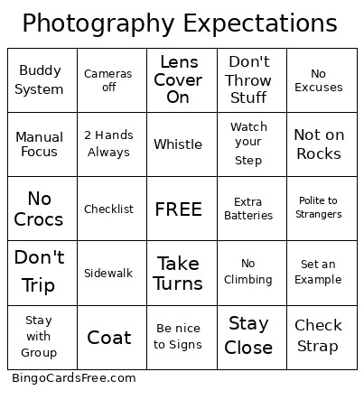 Photography Expectations Bingo Card