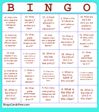 Physics/Env. Sci. Syllabus Bingo Card
