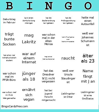 Physik Bingo Card