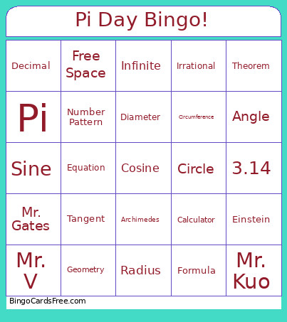 Pi Day ! Bingo Card