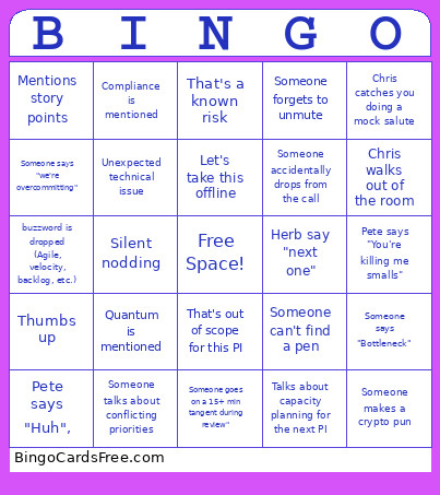 PI Planning Bingo Card