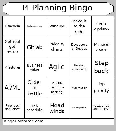 PI Planning Bingo Card