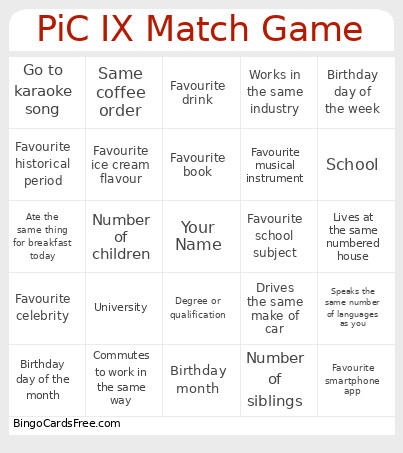 PiC IX Match Game Bingo Card