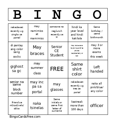 Pice Bingo Card