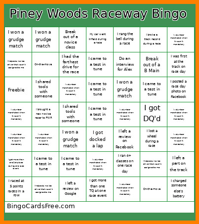 Piney Woods Raceway Bingo Card