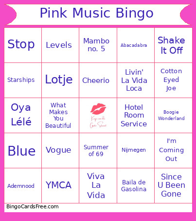 Pink Music Bingo Card