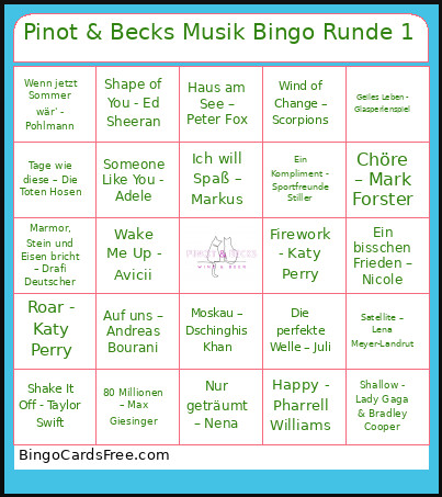 Pinot & Becks Musik Runde 1 Bingo Card