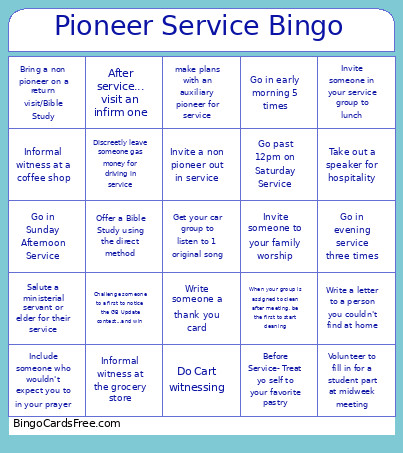 Pioneer Service Bingo Card