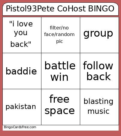 Pistol93Pete CoHost Bingo Card