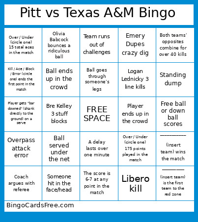 Pitt Vs Texas A&M Bingo Card