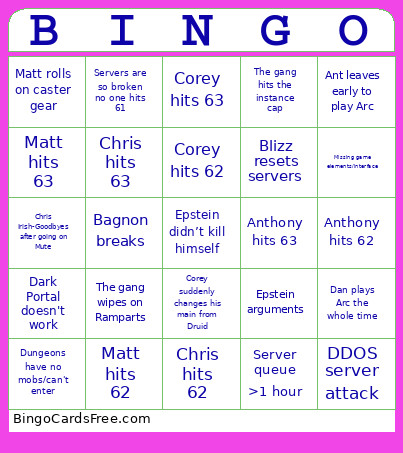 Piute Pwnage’s TBC Launch Night Bingo Card