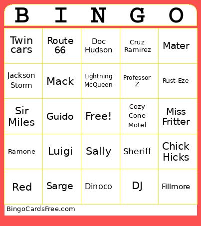 Pixar Cars Bingo Card