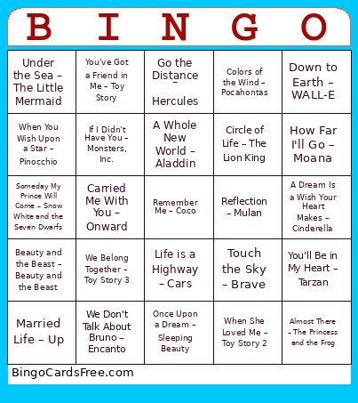 Pixar/Disney Bingo Card