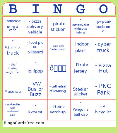 Pizza Bus Tour Bingo Card