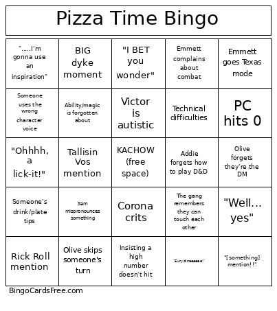 Pizza Time Bingo Card