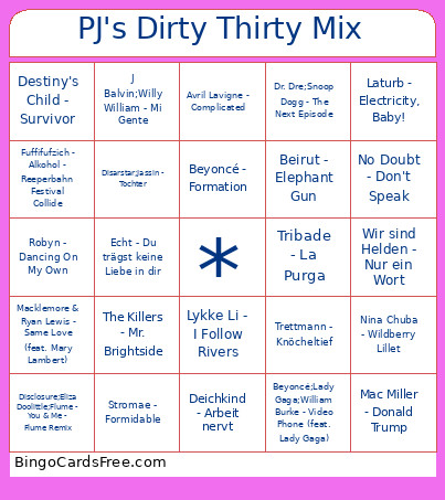 PJ's Dirty Thirty Mix Bingo Card
