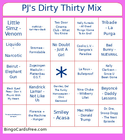 PJ's Dirty Thirty Mix Bingo Card