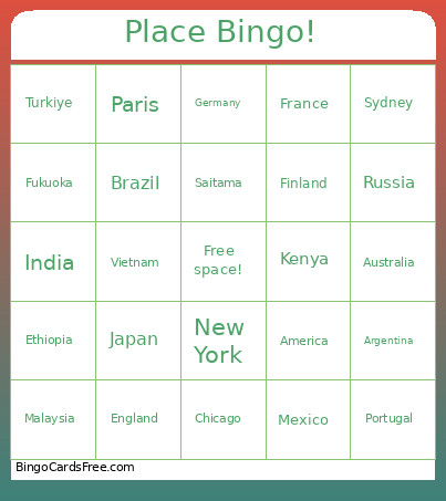 Place ! Bingo Card