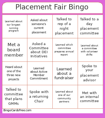 Placement Fair Bingo Card