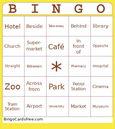 places and prepositions Bingo