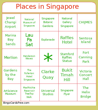 Places In Singapore Bingo Card
