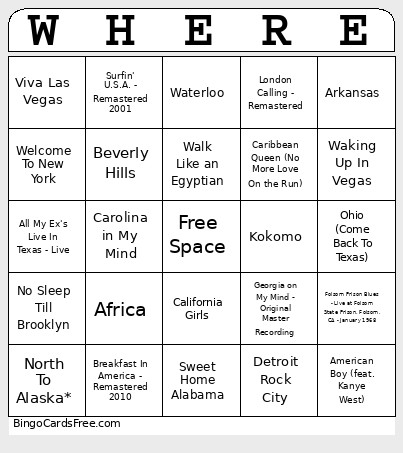 Places Music Bingo Card