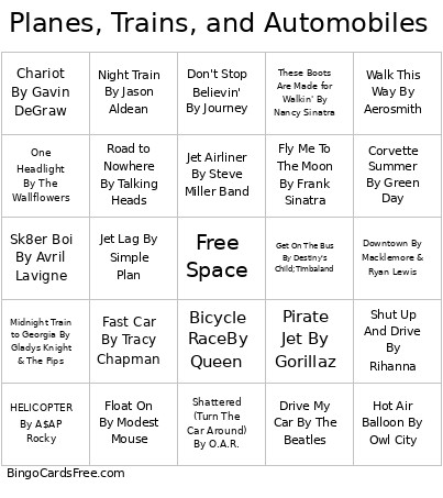 Planes, Trains, And Automobiles Bingo Card
