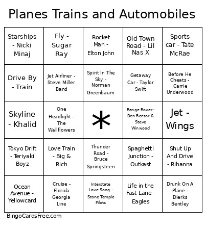 Planes Trains And Automobiles Bingo Card