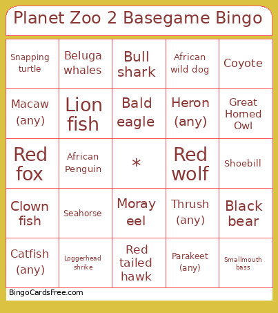 Planet Zoo 2 Basegame Bingo Card