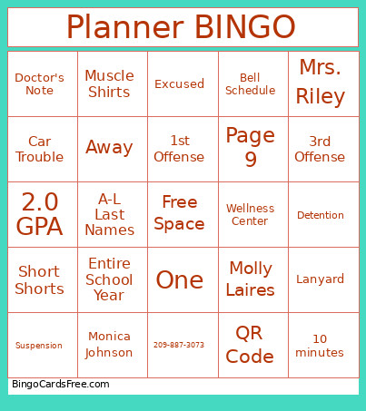 Planner Bingo Card
