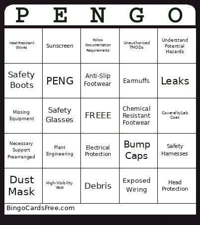 Plant Engineering Aka PENGO Bingo Card