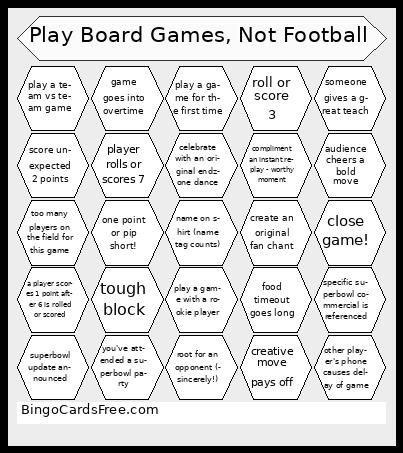 Play Boardgames Not Football (Superbowl) Bingo Cards Free Pdf Printable Game, Title: Play Board Games, Not Football