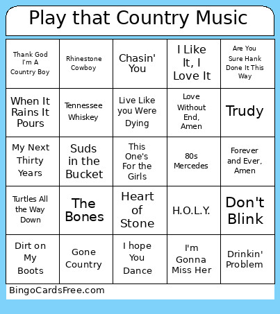 Play That Country Music Bingo Card