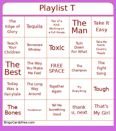 Playlist T Bingo Card