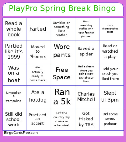 PlayPro Spring Break Bingo Card
