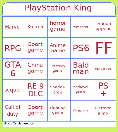 PlayStation King Bingo Card
