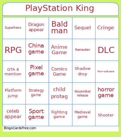 PlayStation King Bingo Card