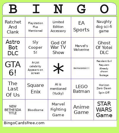 PLaystation Showcase Bingo Card