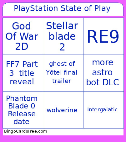 PlayStation State Of Play Bingo Card
