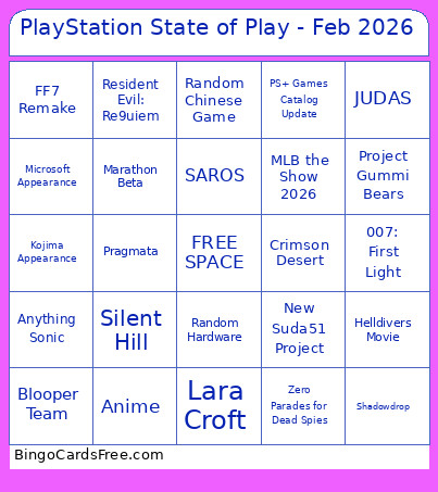 PlayStation State Of Play - Feb 2026 Bingo Card