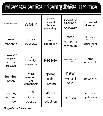 Please Enter Template Name Bingo Card