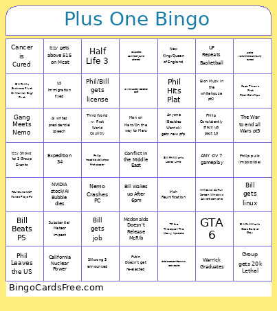 Plus One Bingo Card