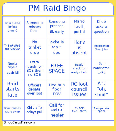 PM Raid Bingo Card