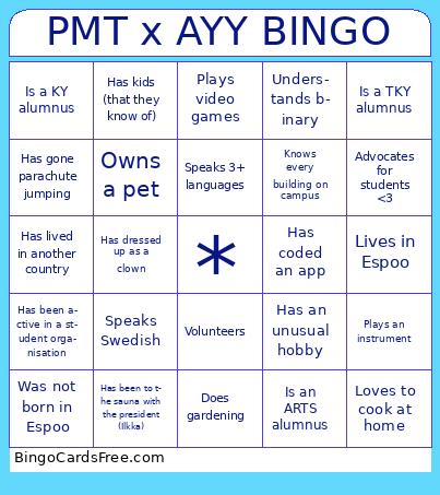 AYY BINGO Cards Free Pdf Printable Game, Title: PMT x AYY BINGO