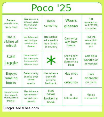 Poco '25 Bingo Cards Free Pdf Printable Game, Title: Poco '25