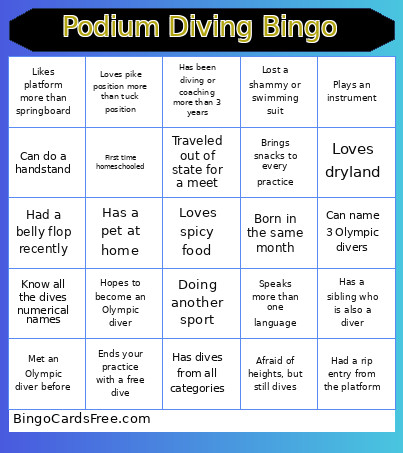 Podium Diving Bingo Card