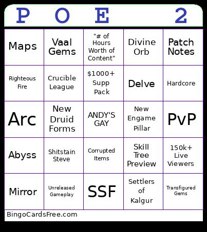 POE 2 LIVESTREAM Bingo Card