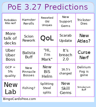 PoE 3.27 Predictions Bingo Card