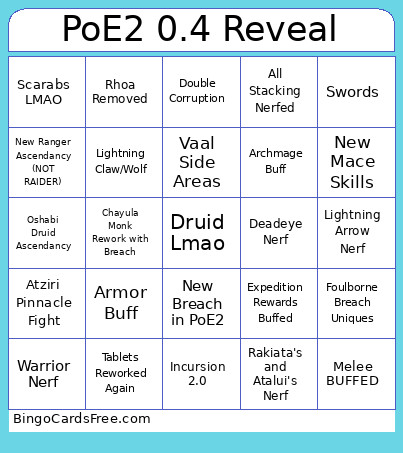 PoE2 0.4 Reveal Bingo Card