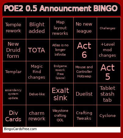 POE2 0.5 Announcement Bingo Card